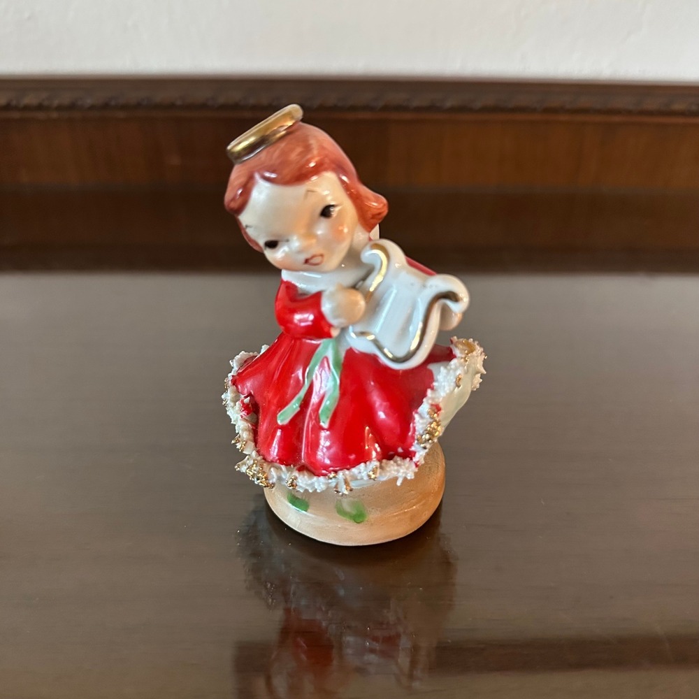 Vintage Mid Century Ceramic Angel Figurine Red‎ Dress Harp Spaghetti Trim Japan
